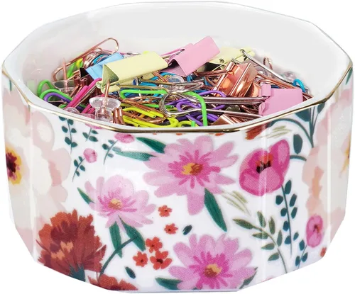 Vista 9 de Portaclips de Cerámica con Línea Dorada Dispensador Organizador de Clips para Escritorio Lindo Patrón de Mármol Terrazo Portaclips de Oficina