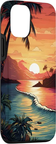 Vista 3 de Funda para iPhone 14 Sunset Beach con palmeras, colorida estética Hawaii