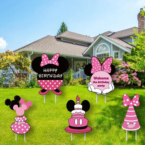 Vista 5 de Suministros para fiesta de cumpleaños de ratón rosa, letrero de ratón de dibujos animados, decoración de cumpleaños, decoración de fiesta