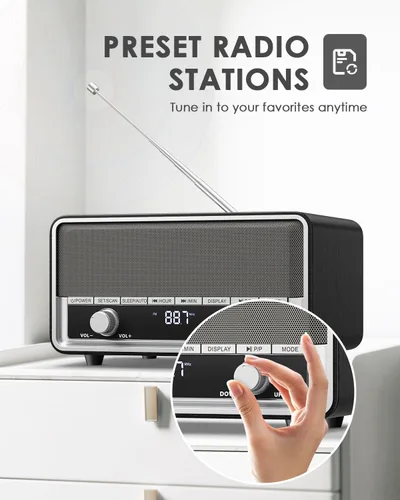 Vista 7 de Radio Bluetooth AM FM de madera retro con pantalla de tiempo Negro Ceniza