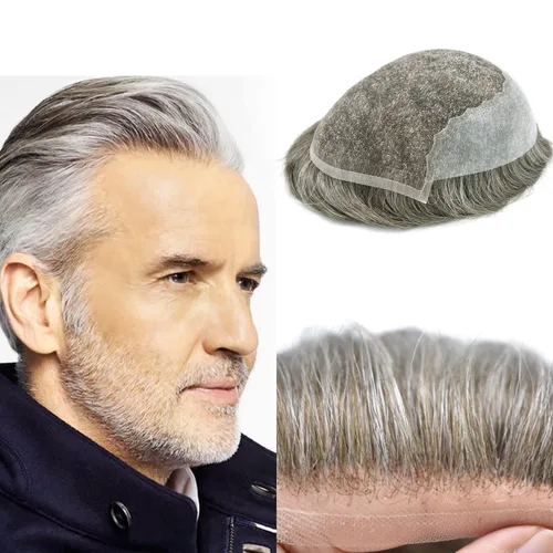 Vista 90 de Mens Toupee Swiss Lace Mens Hair Piece Sistema de reemplazo de cabello para hombres Toupee para hombres Cabello humano nudo blanqueado protesis