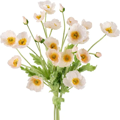 Vista 20 de FiveSeasonStuff Ramo de flores artificiales de amapolas de seda para recuerdo, hogar, boda, 22 pulgadas, 6 tallos (azul hielo antártico)