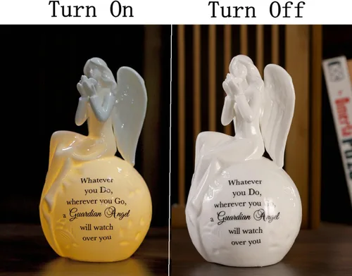 Vista 3 de Luz Nocturna de Cerámica Ángel Guardián – Lámpara Figurina de Ángel Orando con Mensaje Inspiracional – Regalo Conmemorativo con Luz LED