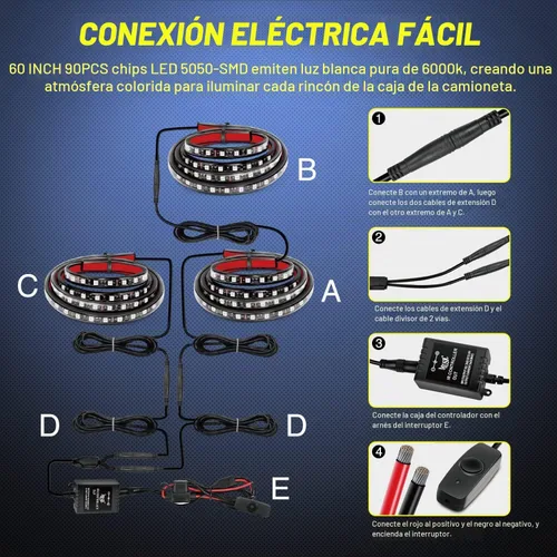 Vista 6 de Nilight Juego de 3 tiras de luz RGB de 60 pulgadas para cama de camión, 270 LED de neón de acento con control remoto RF, interruptor de encendido