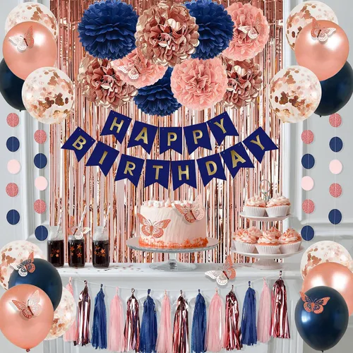 Vista 6 de Pugkloy Decoraciones de fiesta de cumpleaños de oro rosa y azul marino con pancarta de feliz cumpleaños, cortinas, pared de mariposa, guirnalda