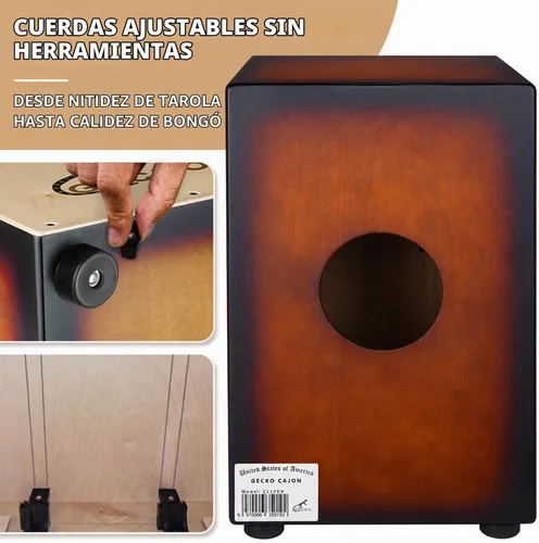 Vista 3 de GECKO Cajon BOX - Caja de percusión de madera con cuerdas internas ajustables para guitarra