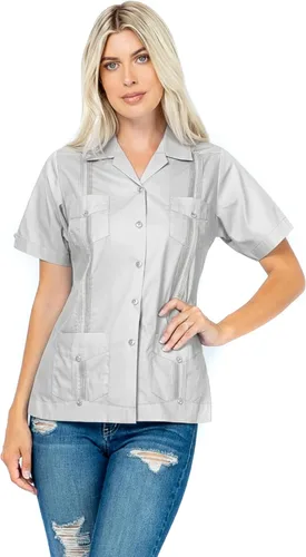 Vista 9 de Mojito Collection Guayabera de manga corta clásica de mezcla de algodón para mujer con 4 bolsillos Aguamarina (Aquamarine)