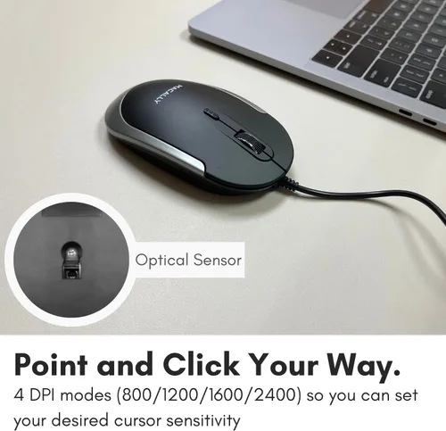 Vista 8 de Macally Ratón silencioso con cable Ratón USB delgado y compacto para Apple Mac o Windows PC portátilescritorio Diseñado con sensor óptico e