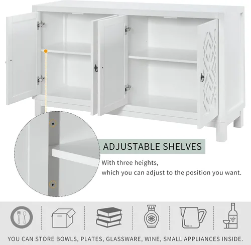 Vista 7 de Aparador de gran espacio de almacenamiento con asas de anillo de tracción y estantes ajustables, gabinete de buffet de 4 puertas versátil para sala