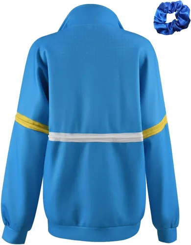 Vista 4 de Gionli Disfraz de Stranger Max para adultos, chaqueta de Halloween, uniforme escolar, sudadera con coletero, Azul