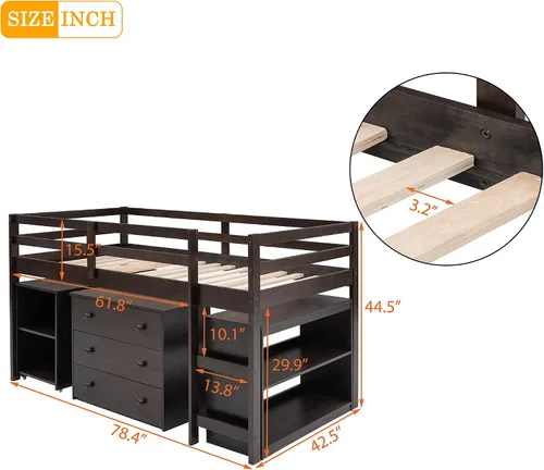 Vista 2 de Base de cama baja de madera con escritorio portátil rodante, cama alta individual con armario abierto y cajones, cama baja con estante para niños