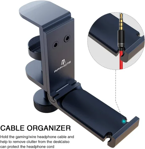 Vista 8 de Soporte plegable para auriculares debajo del escritorio, gancho de metal para auriculares para escritorio con organizador de cables, gancho