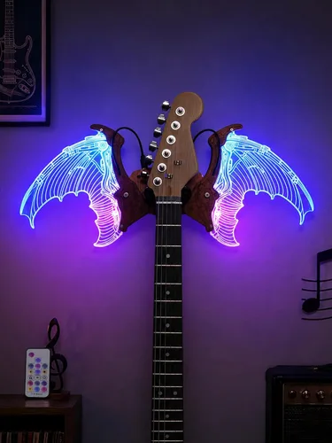 Vista 11 de CoolGift Mart Soporte de Pared para Guitarra con Alas de Ángel Luminosas, Colgador de Guitarra de Madera Acrílica con Alimentación USB