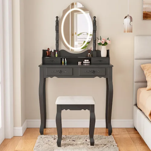Vista 2 de Escritorio de tocador con espejo y luces, mesa de maquillaje moderna y taburete acolchado con 4 cajones, 3 modos de iluminación de color con brillo