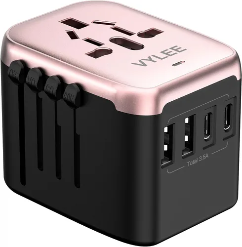 Vista 12 de VYLEE - Adaptador de viaje universal, adaptador de corriente internacional 5 en 1, cargador de pared 3.5A 2xUSB-A y 2 USB C, enchufe esencial