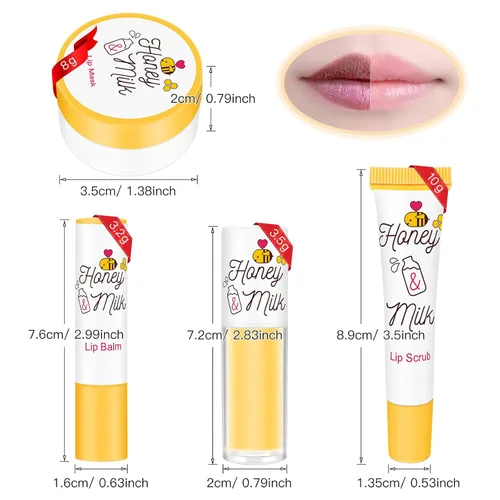 Vista 2 de Kit de cuidado de labios de 4 piezas con leche de miel, bálsamo labial, exfoliante labial, aceite de labios Hidratante y nutritiva labios secos