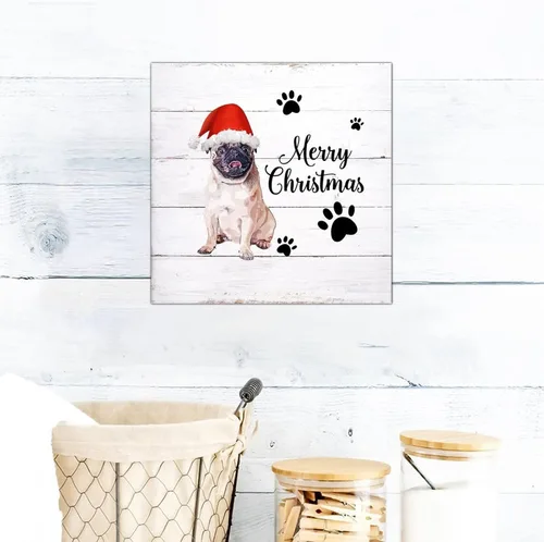 Vista 6 de Letrero de madera para perro con sombrero rojo, placa de pared rústica con reglas para mascotas, arte de pared colgante de granja, placa