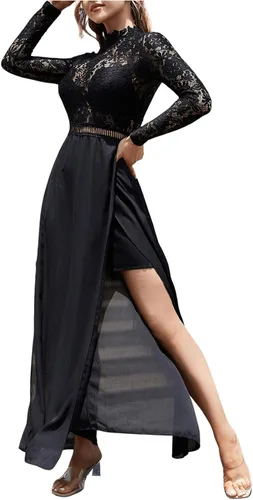 Vista 4 de SweatyRocks Vestidos largos de cóctel de manga larga con encaje transparente sexy para mujer