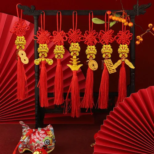 Vista 6 de Didiseaon 5 piezas de dijes chinos de nudo de riqueza Fengshui 2024 Año del Dragón, colgante colgante de coche de buena suerte, para fortuna