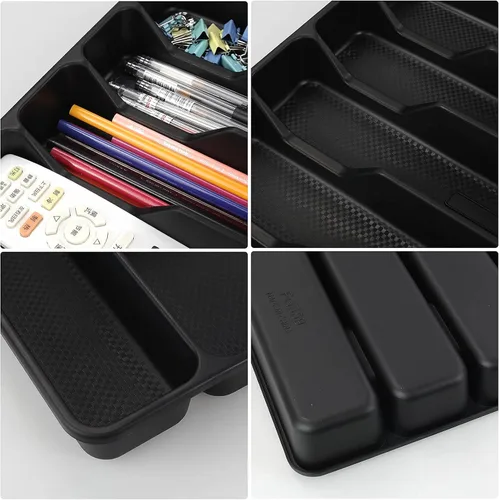 Vista 2 de Morcte Bandeja de plástico para cubiertos de plástico, 1 unidad, color negro Bandeja de cubiertos de 6 compartimentos, para organización