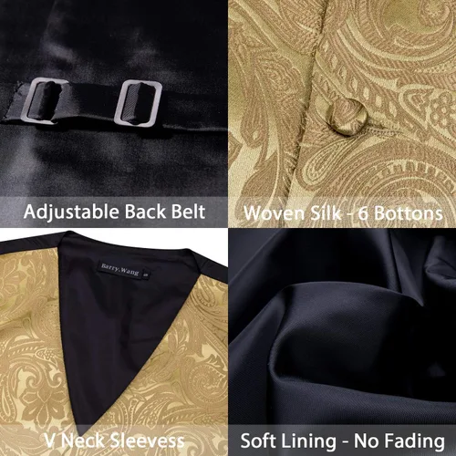 Vista 5 de Barry.Wang Chaleco formal de los hombres Paisley Jacquard seda corbata traje chaleco conjunto boda 5PCS