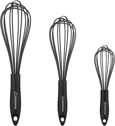 Vista 15 de NileHome Batidor de silicona de 10 pulgadas, batidor de cocina Wisk Wire para cocinar, batir, mezclar, batir, agitar, color negro