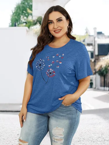 Vista 3 de Camiseta de verano para mujer, talla grande, con diente de león, manga corta, cuello redondo, holgada, casual