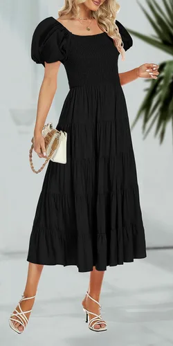 Vista 3 de Funlingo Vestido midi de manga corta abombada para mujer, estilo casual, cuello cuadrado, fruncido, acampanado, escalonado, para verano 2023