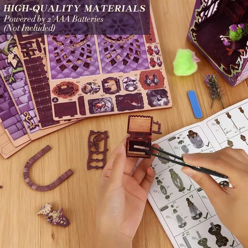 Vista 4 de Kit de rincón de libro Magic Wizard House DIY rompecabezas 3D, morado Decoración de estanterías de libros, regalos para amantes de los libros