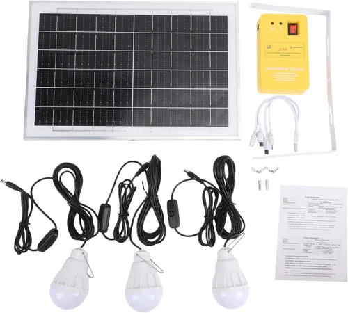 Vista 7 de Luocute Solar Panel Generator Kit, Solar Power Station with 3 LED Bulbs USB Charging Cable 6000mAh Battery for Home Camping Outdoor