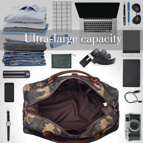 Vista 3 de Bolsa de viaje de gran tamaño impermeable lona Weekender cuero durante la noche bolsa de mano, Camo), 2056