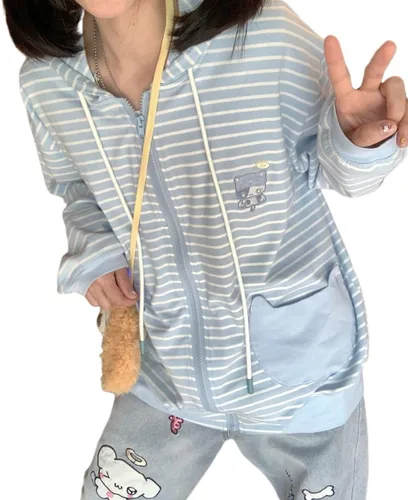 Vista 3 de Sudadera con capucha y cremallera de rayas azules con estampado de gato japonés Kawaii para mujer, abrigo dulce y lindo
