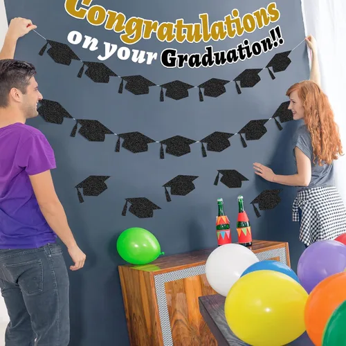 Vista 7 de Whaline 50 piezas de tapas de graduación con purpurina negra para sombreros de graduación de 5.7 pulgadas, decoración de mesa de confeti con 100