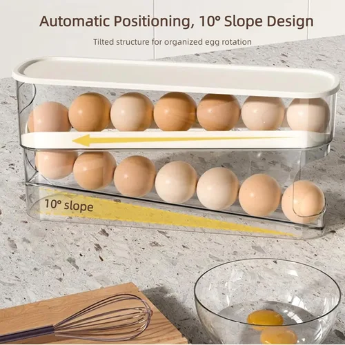 Vista 4 de Dispensador automático de huevos para refrigerador, organizador de huevos para refrigerador que ahorra espacio y almacenamiento con tapa, bandeja