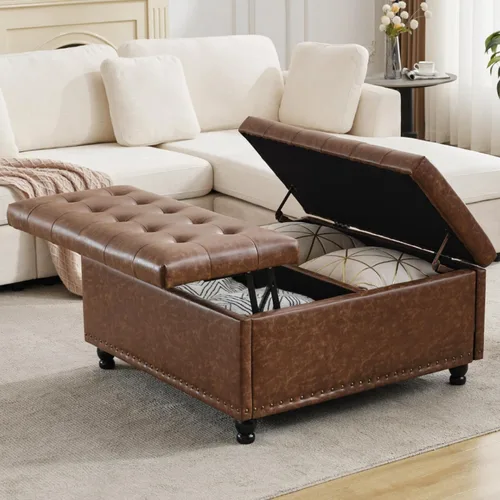 Vista 4 de Tbfit Otomana cuadrada de almacenamiento de 35.5 pulgadas con parte superior elevable, mesa de centro tapizada y banco capitoné, caja de juguetes
