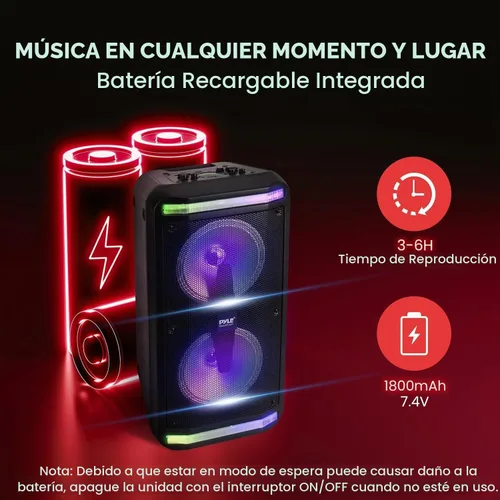 Vista 5 de Pyle Altavoz Bluetooth y sistema de megafonía – Sistema de karaoke estéreo portátil con micrófono con cable, luces LED integradas, lectores