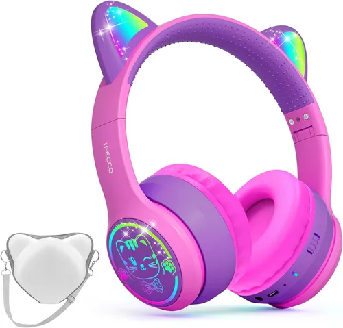 Vista 14 de IFECCO - Auriculares inalámbricos para niños con funda, linda oreja de gato con luz LED, tiempo de reproducción de 50 horas, volumen seguro