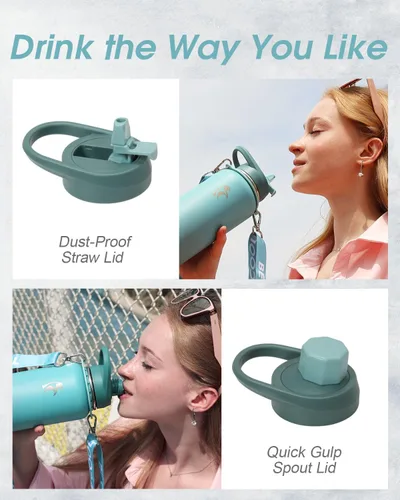 Vista 4 de Botella de agua Coolflask de 40 onzas con correa, botella de agua metálica aislada con popote y tapas con pico, acero inoxidable de doble pared al