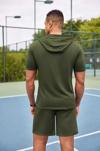 Vista 4 de COOFANDY Conjunto deportivo de 2 piezas con capucha para hombre, manga corta, casual, deportivo, con capucha y pantalones cortos
