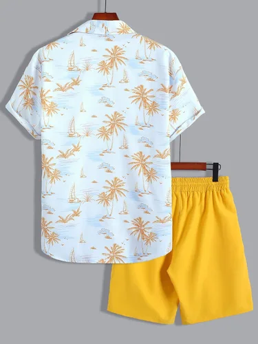 Vista 2 de OYOANGLE Conjunto de 2 piezas para hombre de manga corta con botones y pantalones cortos