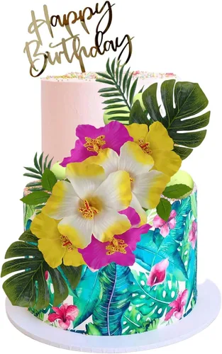 Vista 4 de 25 decoraciones de pastel hawaiano para decoración de pasteles de verano con bonitas figuras y hojas de palmera de flores de hibisco para fiestas