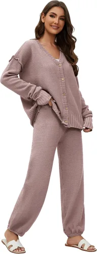 Vista 3 de Lauweion Women's Two Piece Sweater Sets Knit Open Front Cardigan and Wide Leg Pants Fall Lounge Outfits