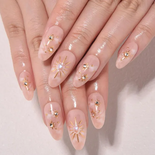 Vista 2 de evpct Uñas a presión bohemias 3D Nude con diseño de estrella dorada y 30 estrellas 3D de estilo bohemio