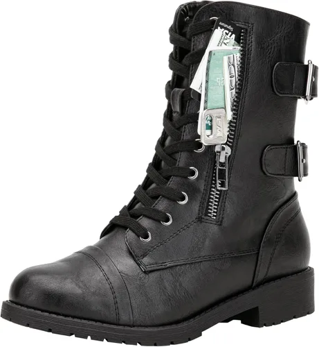 Vista 16 de Vepose Botas de combate para mujer, tacón bajo, botas militares a media pantorrilla con bolsillo para tarjetero, cuchillo y cartera