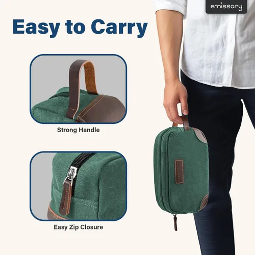 Vista 3 de emissary Neceser de viaje para hombre de cuero y lona, neceser de viaje para hombre, kit dopp de cuero y lona para hombres, bolsa de afeitar para 2