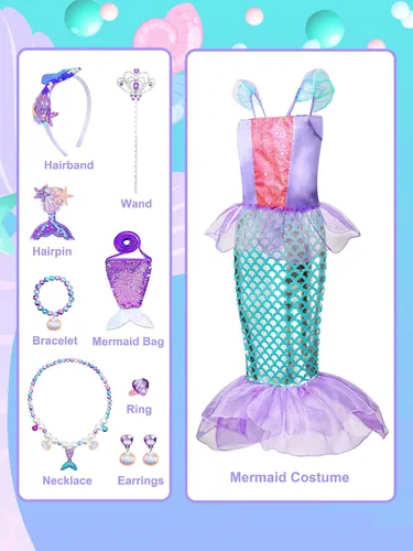 Vista 4 de Evimis Mermaid Dress Up Clothes for Girls- Cosplay Accessories, Princess Mermaid Costume for Girls Age 3 4 5 6 7 8