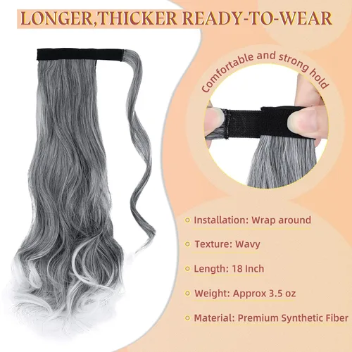 Vista 26 de FELENDY Extensión de cola de caballo, extensiones de cabello largo envolvente de 18 pulgadas, extensiones de cabello ondulado y rizado con clip