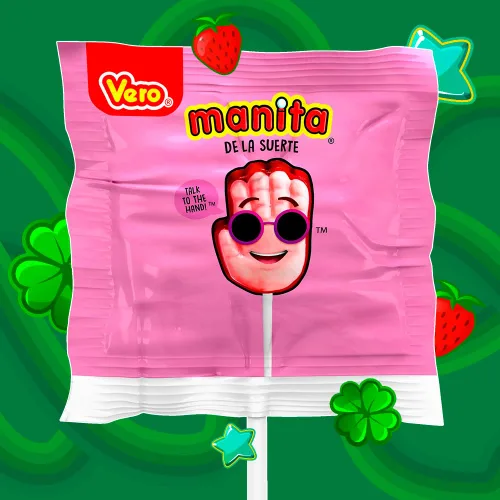 Vista 3 de Vero Manita Paletas sabor fresa y cereza caramelos en palo (bolsa de 40 unidades) - Paletas envueltas individualmente - Dulces mexicanos - Paletas