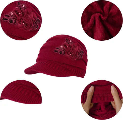 Vista 3 de 3 in 1 Hat Scarf and Gloves Set, Fleece Lined Winter Warm Beanie Hat Newsboy Cap Touchscreen Gloves Scarves for women