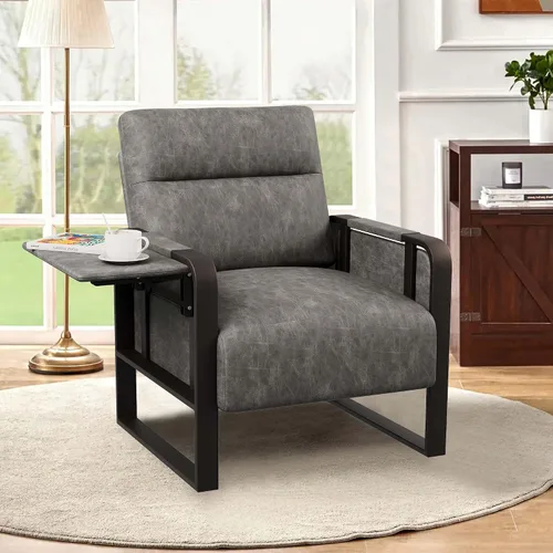 Vista 14 de Silla de Acento Moderna Tapizada en Cuero PU Sillón con Mesa de Bandeja para Dormitorio Sala de Estar Sillas Silla de Oficina Beige
